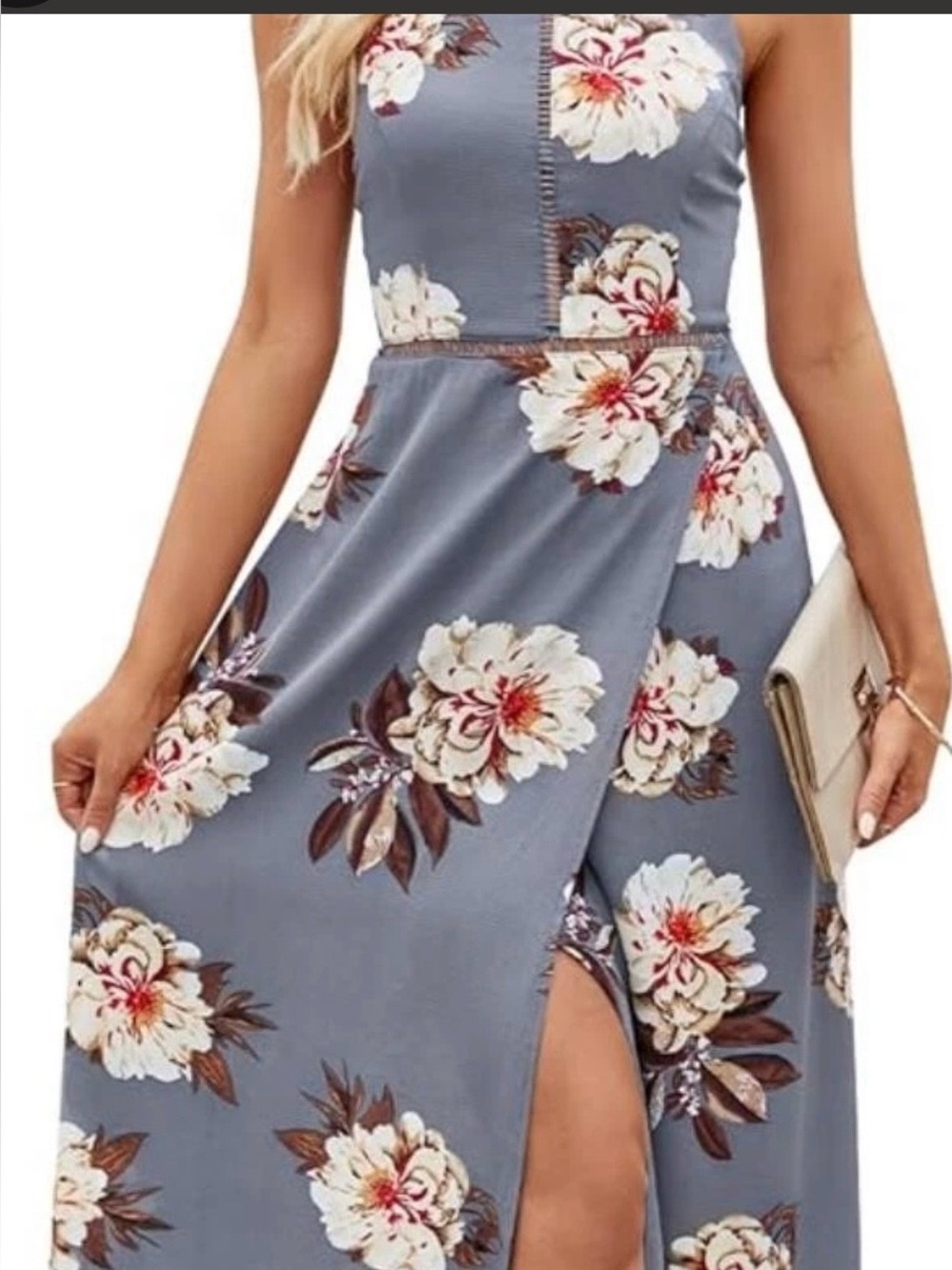 ZESICA Floral Halter Maxi Dress Crochet Cutout Front Slit Size Small ResortWear